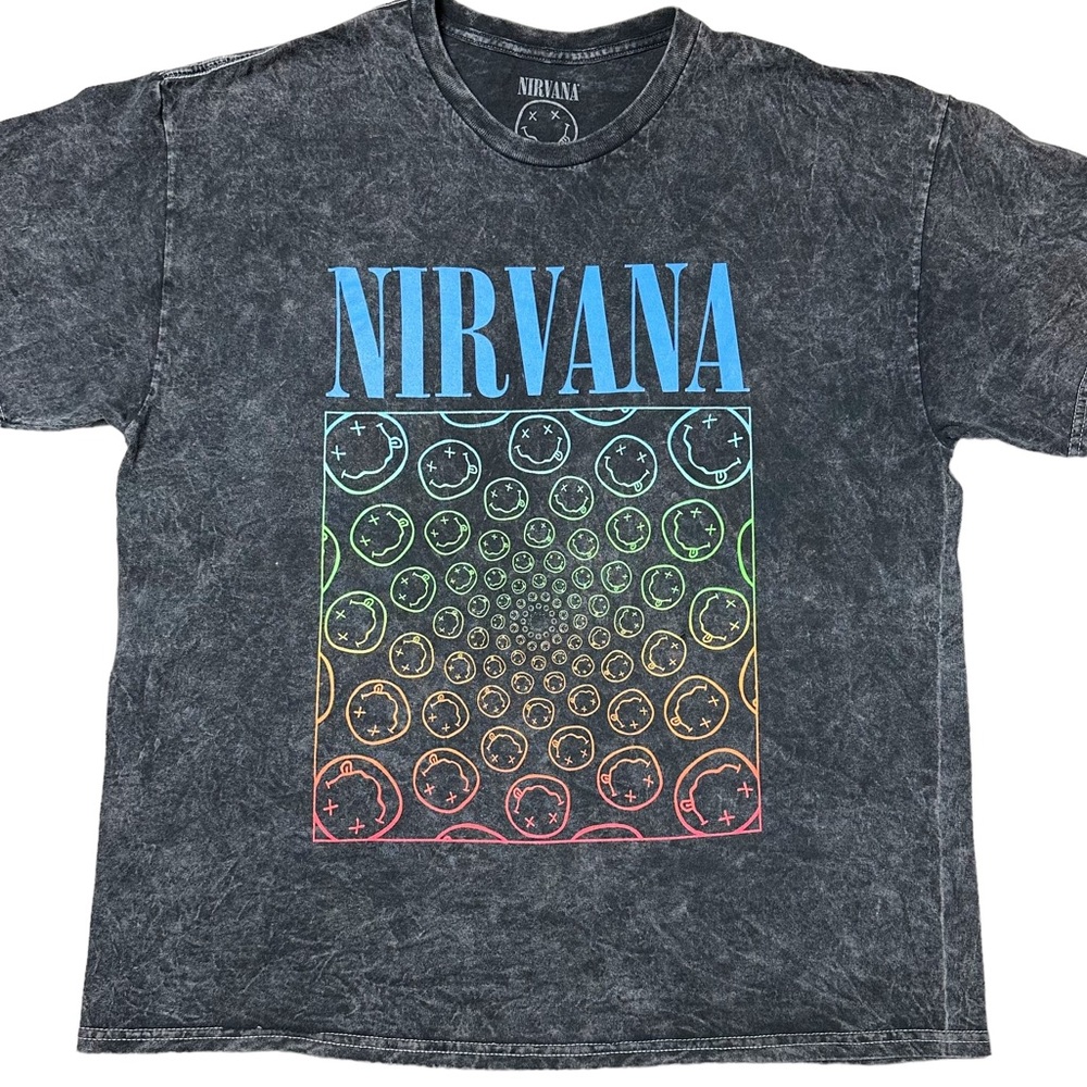 Nirvana Multicolor Smiley Face Spiral Graphic T-Shirt Mineral Wash Unisex XL